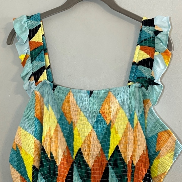 Torrid Top Women 4X Yellow Peplum Crinkle Gauze Smocked Ruffle Geometric Goth - Picture 6 of 15